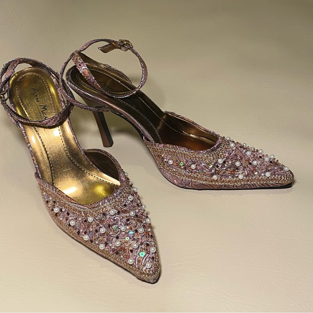 Anne Michelle Gold Stiletto Heels with Crystal Embellishments